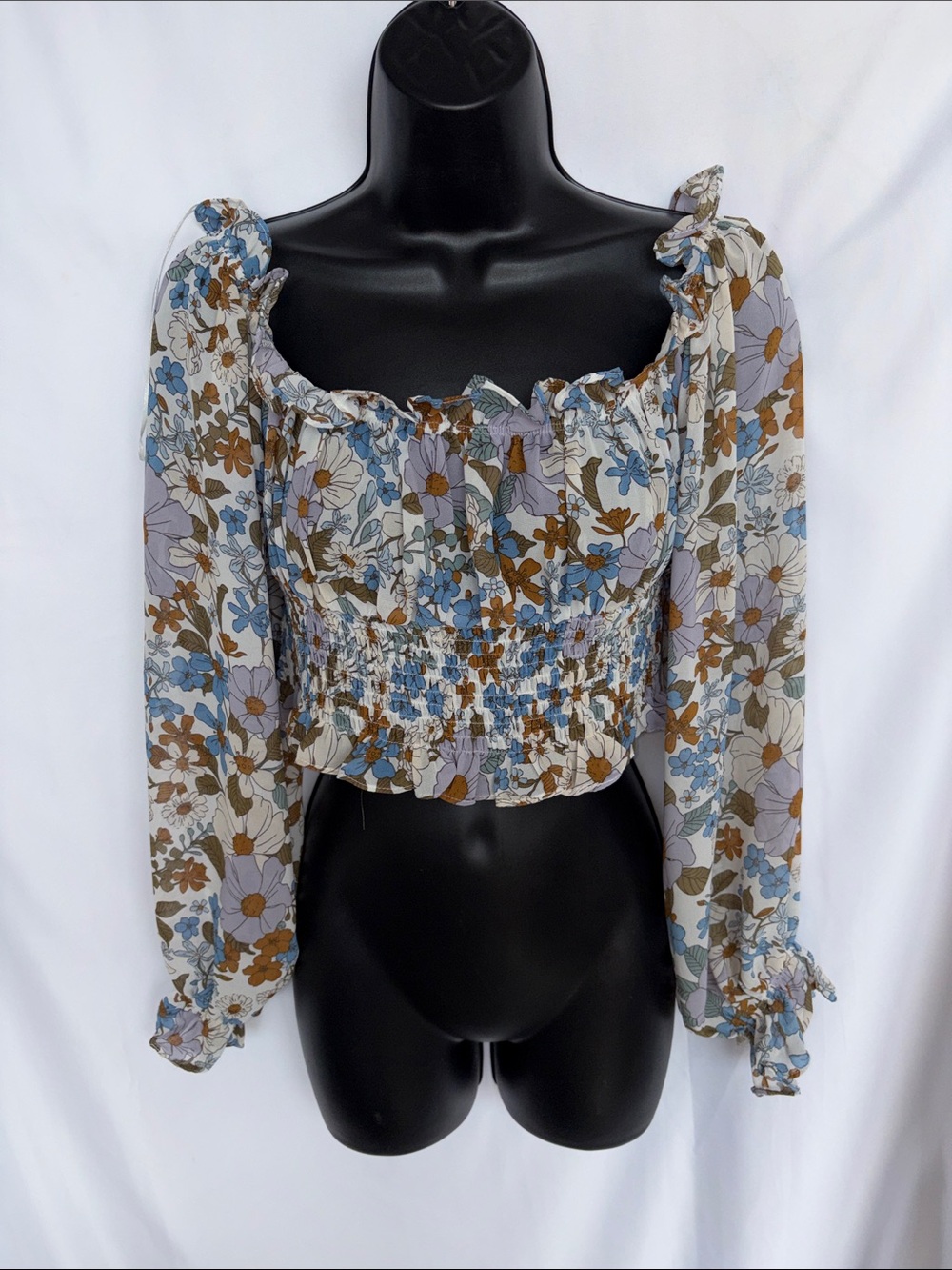 Hyfve Floral Smocked Blouse Boho Peasant Crop Top Long Sleeve Square Neck Size M